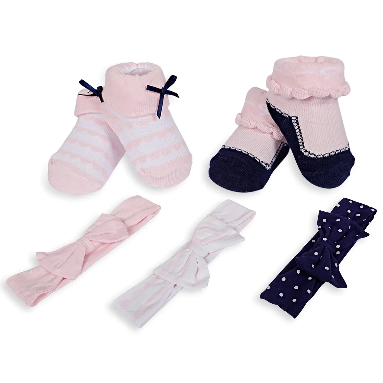 3 Headbands And 2 Pair Socks Gift Set Polka Dots Bows Pink