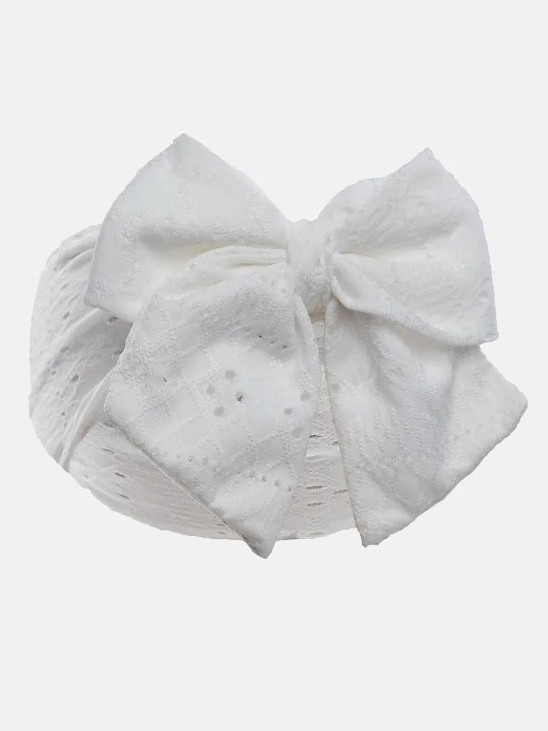 Baby Girl Cable Headband with Large Bow - White