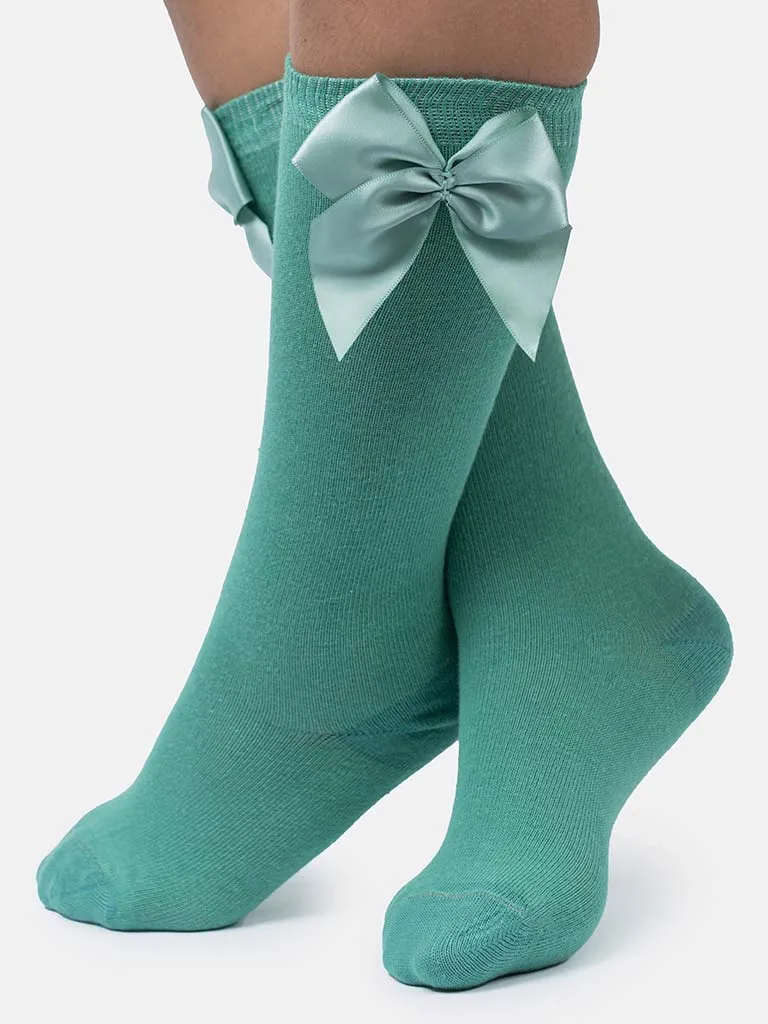 Baby Girl Vibrant Big Satin Bow Knee Socks-Mint Green