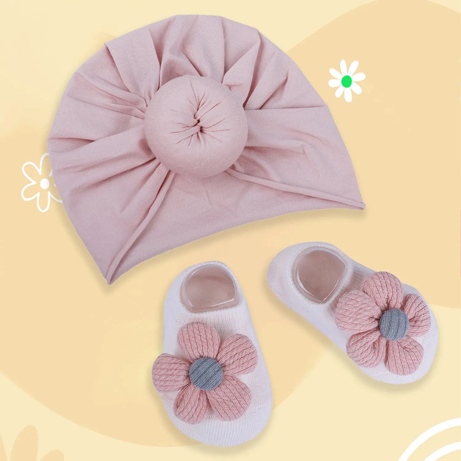 Baby Moo 3D Knot Turban Cap And Matching Floral Socks Set - Pink