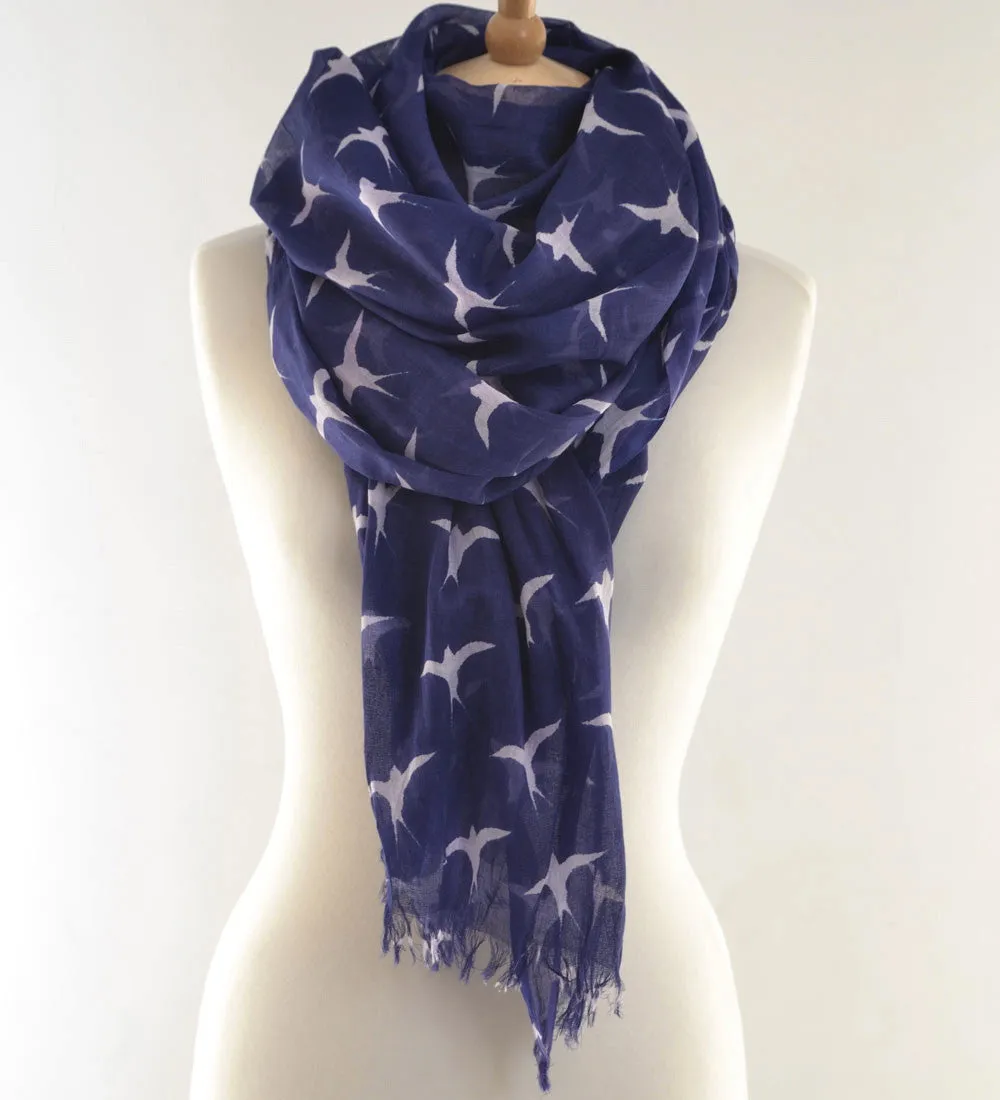 Blue Navy Swallows Print Scarf