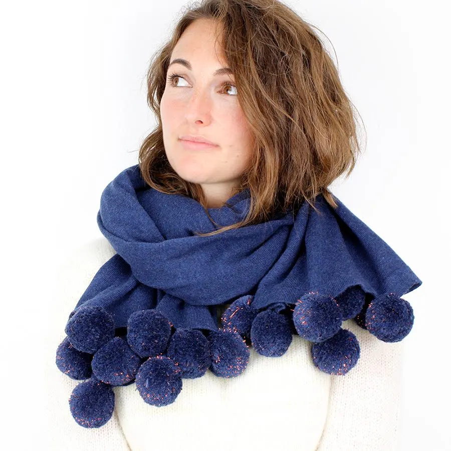 Blue Wrap/Scarf With Copper Tinted Pom Poms