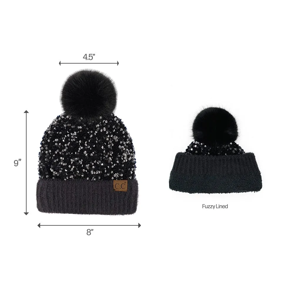 C.C Women Fuzzy Lined Sequin Fur Pom Beanie & Mitten Set