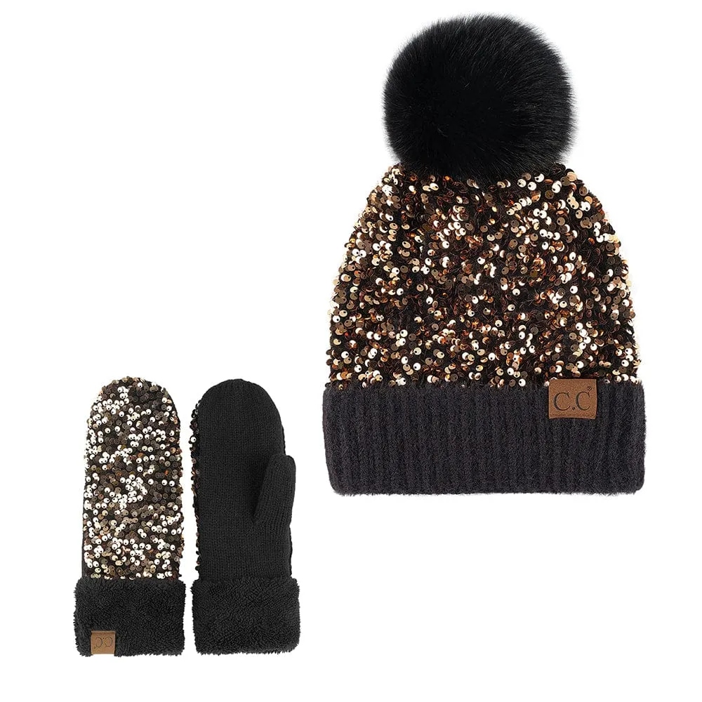 C.C Women Fuzzy Lined Sequin Fur Pom Beanie & Mitten Set