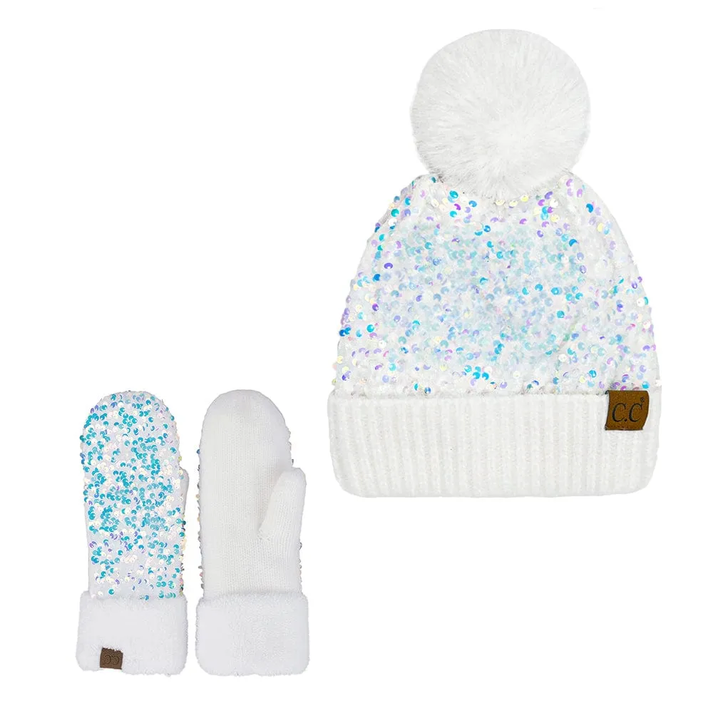 C.C Women Fuzzy Lined Sequin Fur Pom Beanie & Mitten Set