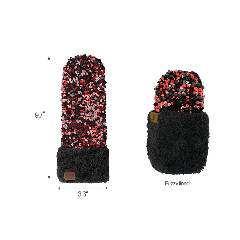 C.C Women Fuzzy Lined Sequin Fur Pom Beanie & Mitten Set