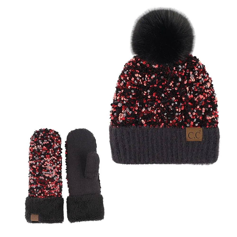 C.C Women Fuzzy Lined Sequin Fur Pom Beanie & Mitten Set