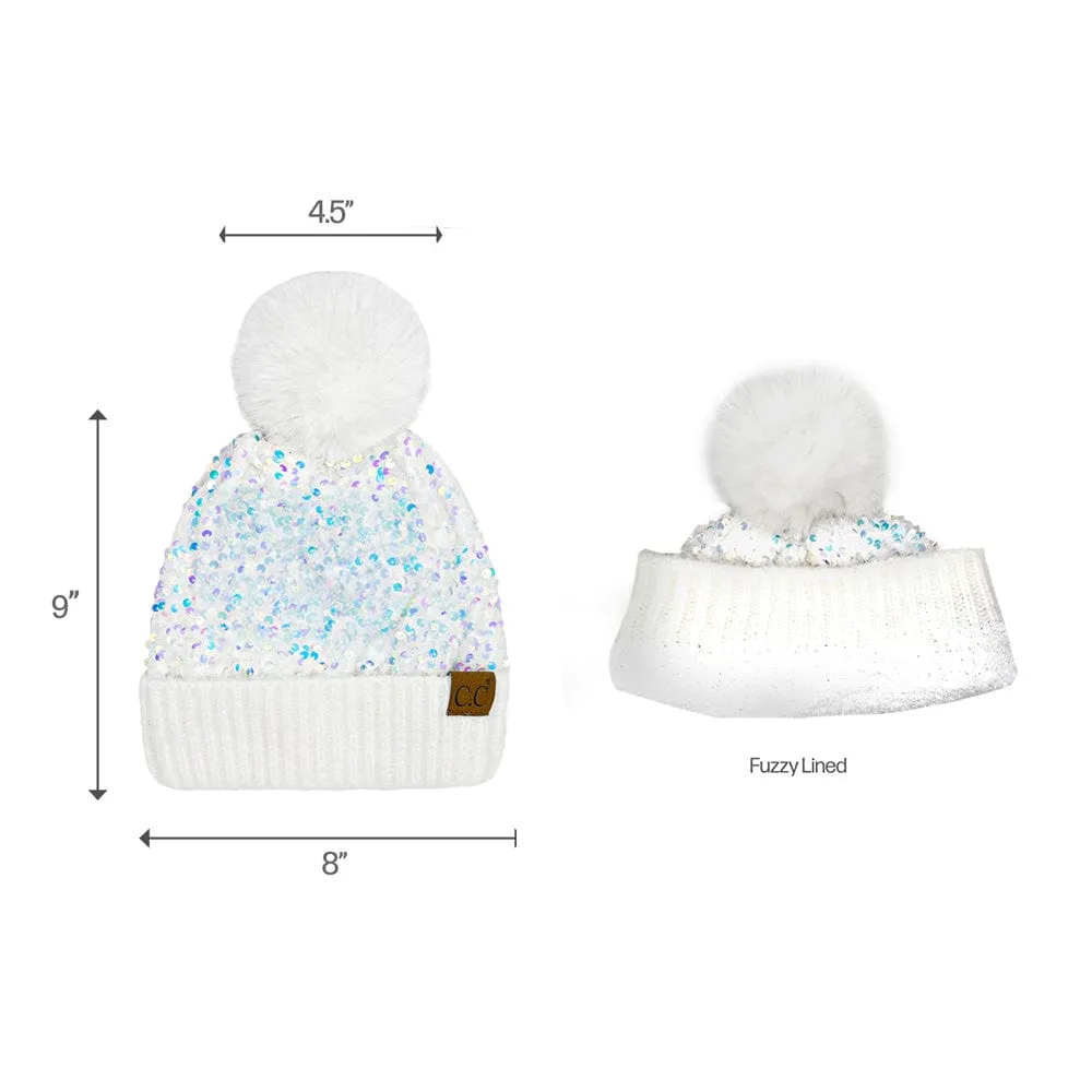 C.C Women Fuzzy Lined Sequin Fur Pom Beanie & Mitten Set