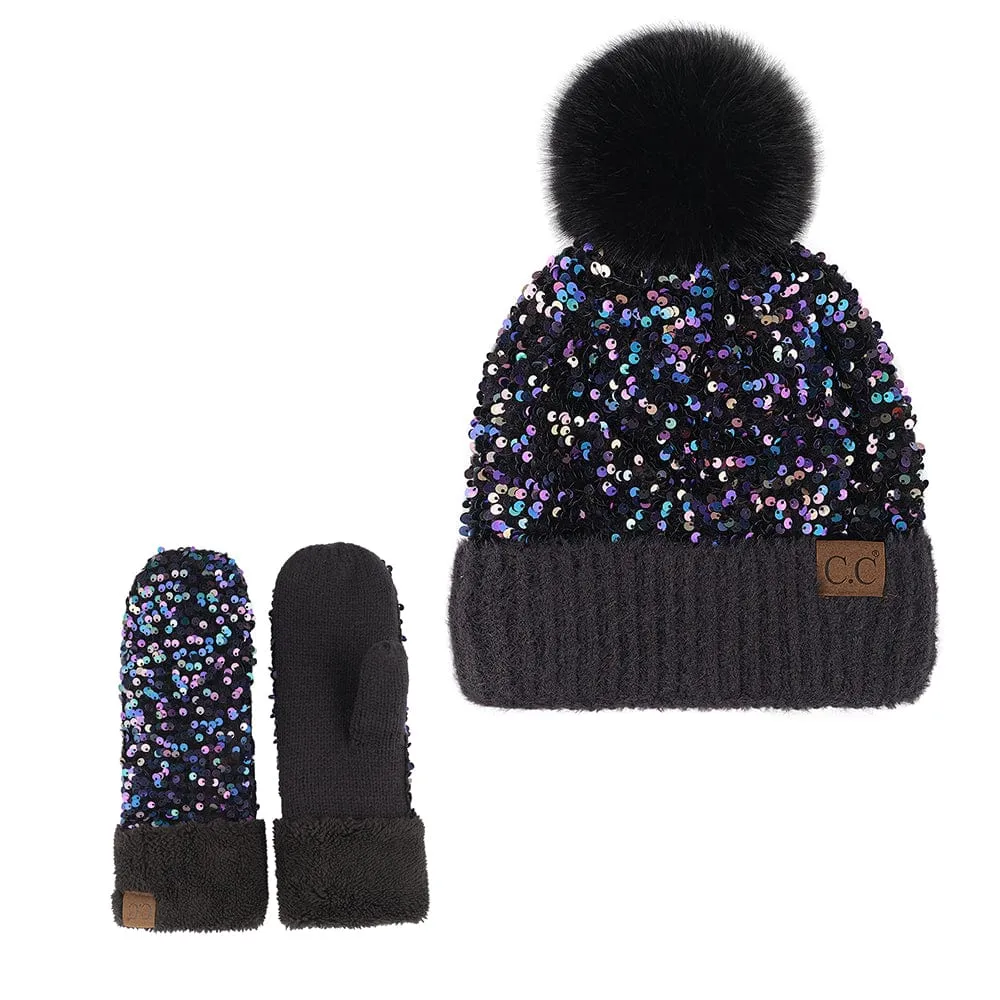 C.C Women Fuzzy Lined Sequin Fur Pom Beanie & Mitten Set