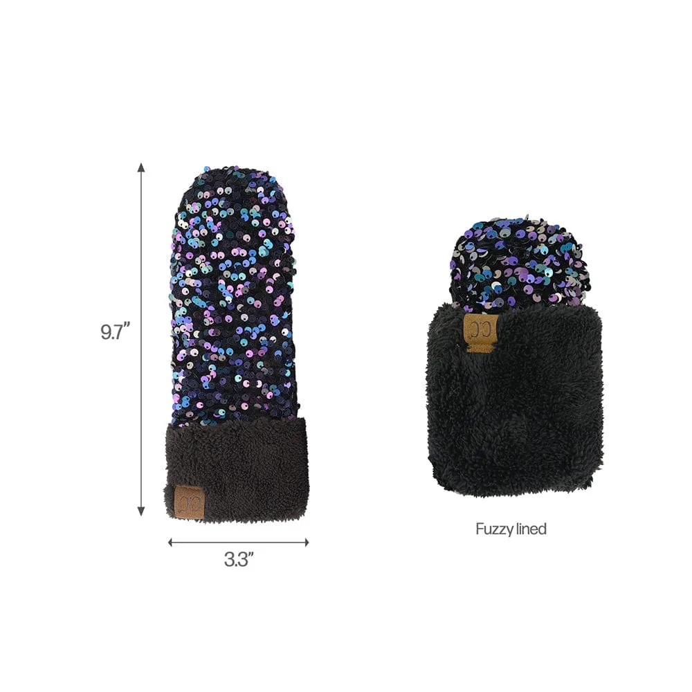 C.C Women Fuzzy Lined Sequin Fur Pom Beanie & Mitten Set