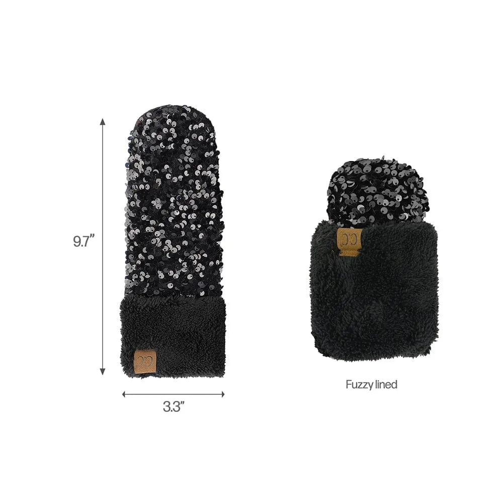 C.C Women Fuzzy Lined Sequin Fur Pom Beanie & Mitten Set