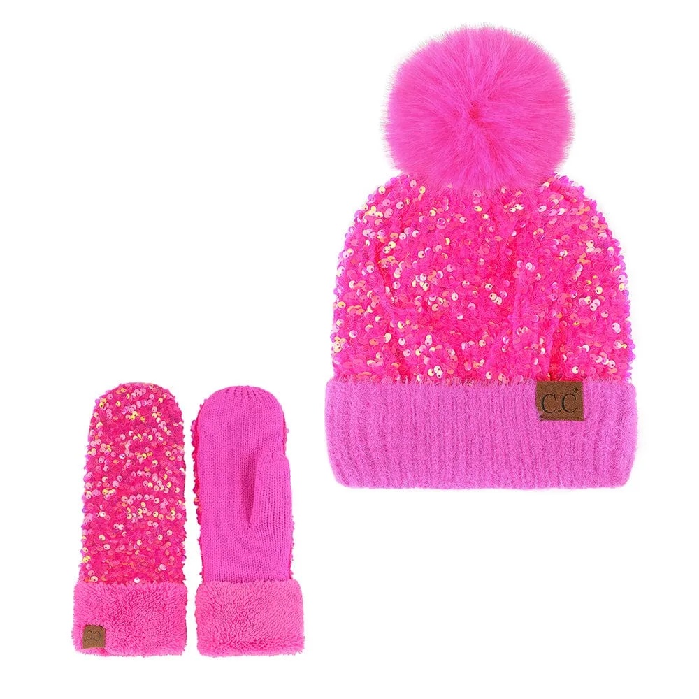 C.C Women Fuzzy Lined Sequin Fur Pom Beanie & Mitten Set