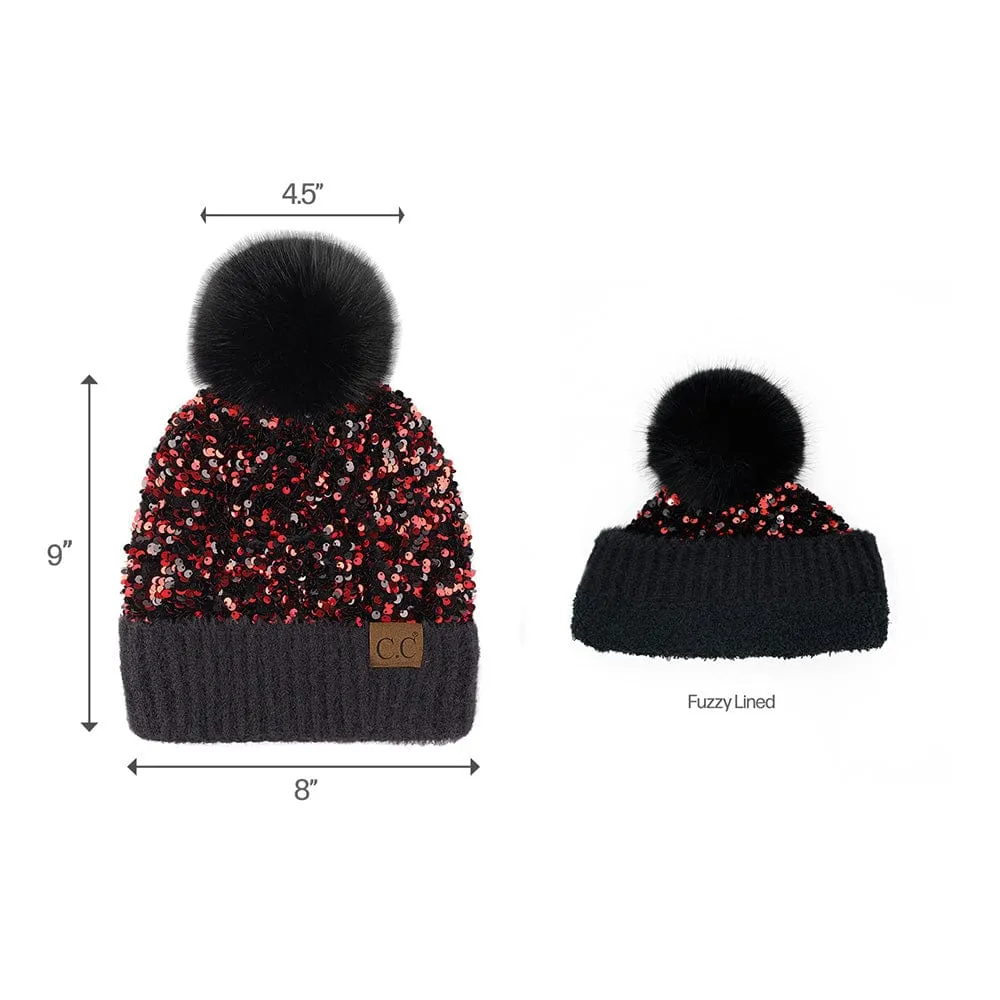 C.C Women Fuzzy Lined Sequin Fur Pom Beanie & Mitten Set