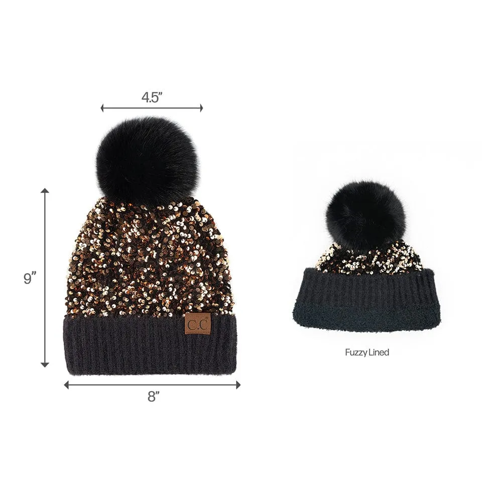 C.C Women Fuzzy Lined Sequin Fur Pom Beanie & Mitten Set