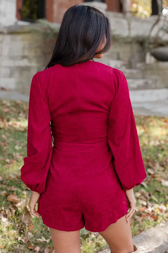 Creating Romance Merlot Corded Belted Long Sleeve Romper FINAL SALE