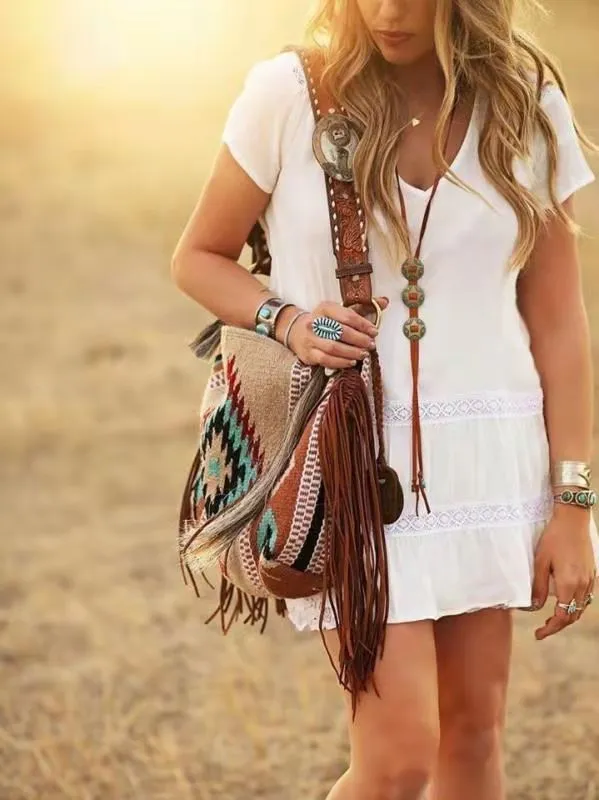 elveswallet Bohemian Vintage Canvas Tassel Shoulder Bag