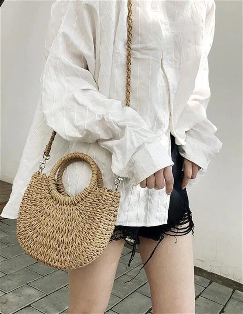 Handmade Bohemian Half-Moon Straw Shoulder Bag