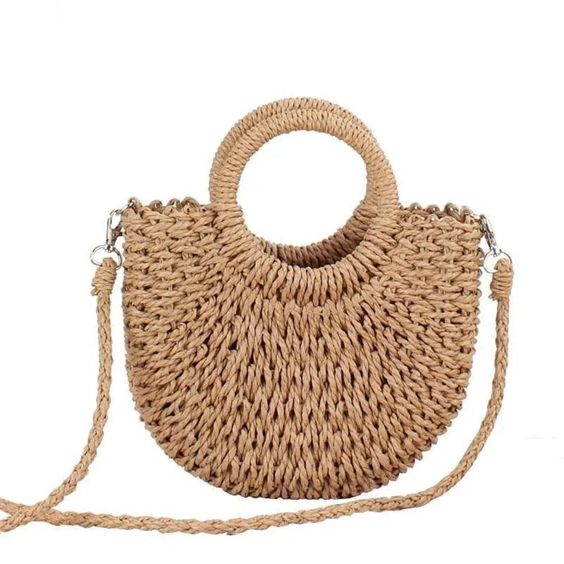 Handmade Bohemian Half-Moon Straw Shoulder Bag