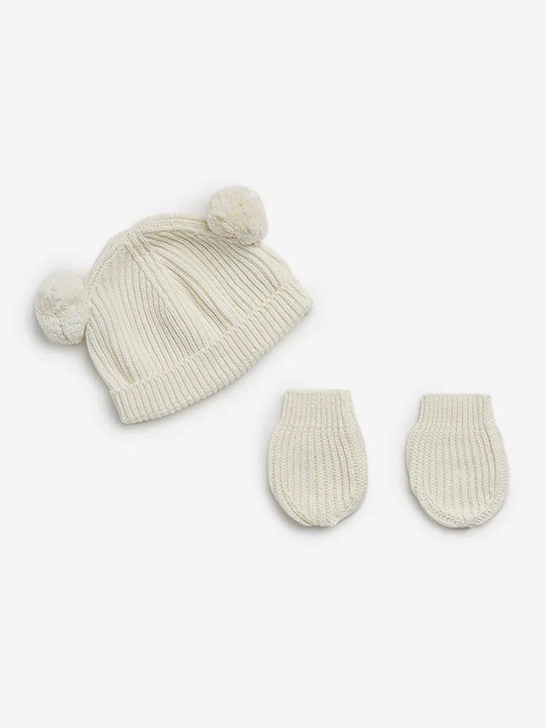 HOP Baby Beige Cotton Cap with Mittens Set