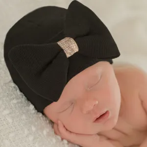 ILYBEAN Black GOLD SHIMMER BOW Newborn Girl Hospital Hat- Newborn Girl Nursery Beanie