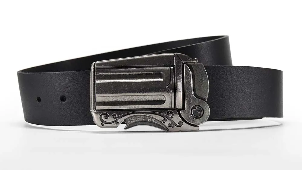 Imperfect Outlaw Gun Buckle on Black Leather Belt | FINAL SALE