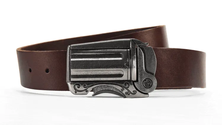 Imperfect Outlaw Gun Buckle on Brown Leather Belt | FINAL SALE