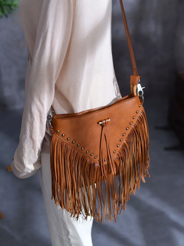 Ladies Western Leather Fringe Purse Brown Shoulder Bag