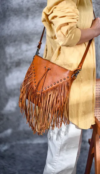 Ladies Western Leather Fringe Purse Brown Shoulder Bag