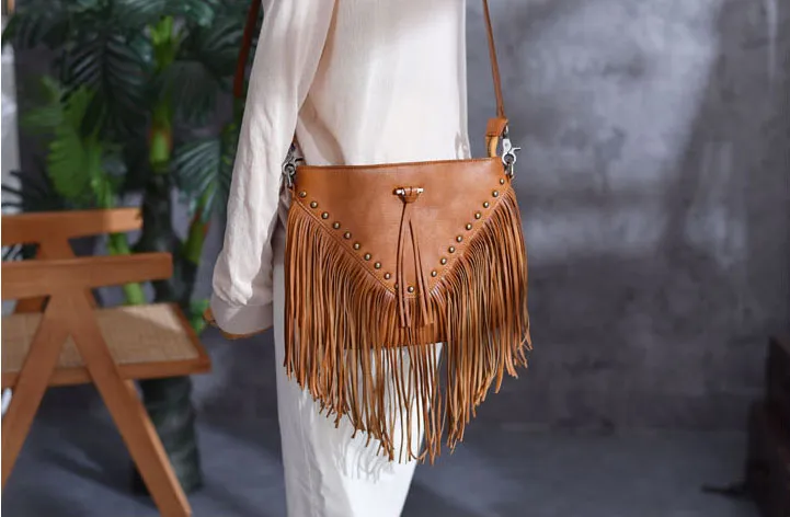 Ladies Western Leather Fringe Purse Brown Shoulder Bag