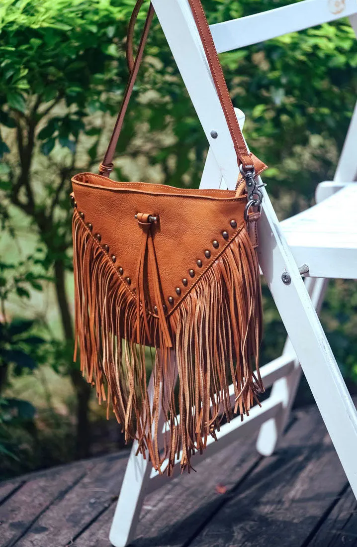 Ladies Western Leather Fringe Purse Brown Shoulder Bag