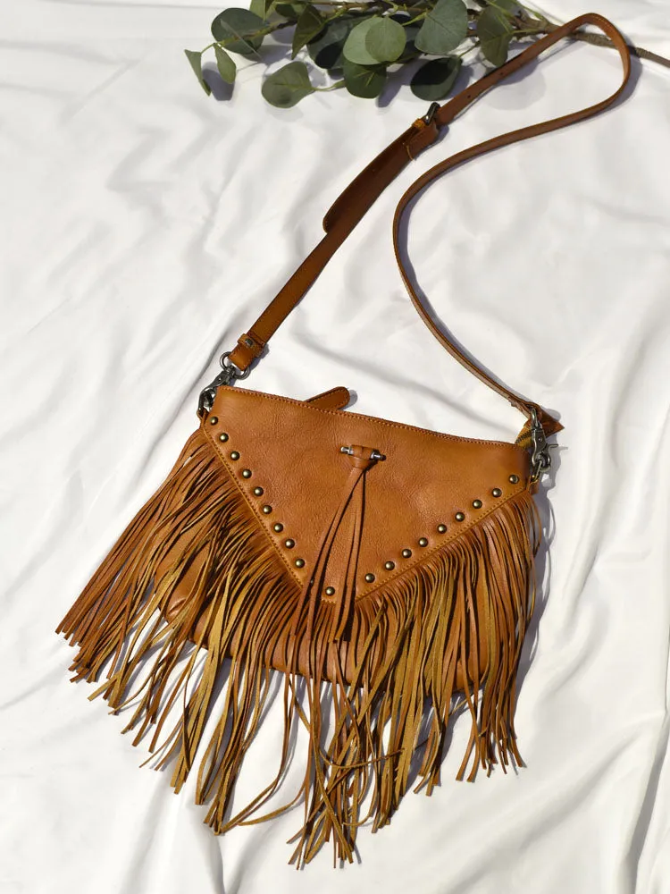 Ladies Western Leather Fringe Purse Brown Shoulder Bag