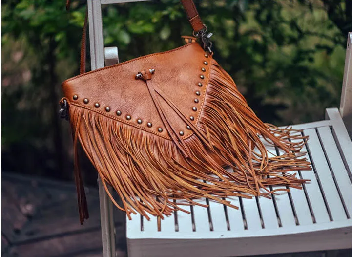 Ladies Western Leather Fringe Purse Brown Shoulder Bag