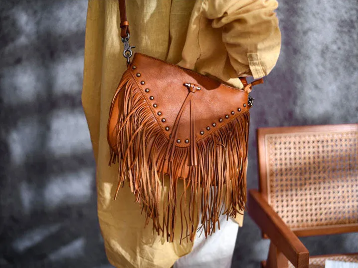 Ladies Western Leather Fringe Purse Brown Shoulder Bag