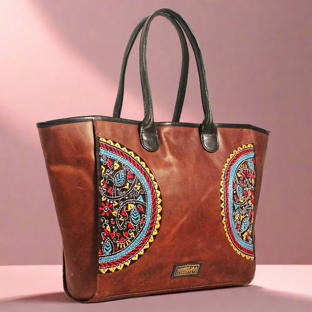 Large Tote Brown - Genuine Leather Embroidery