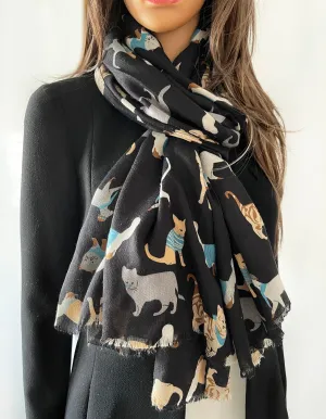 LIGHTWEIGHT BLACK SCARF WITH CATS