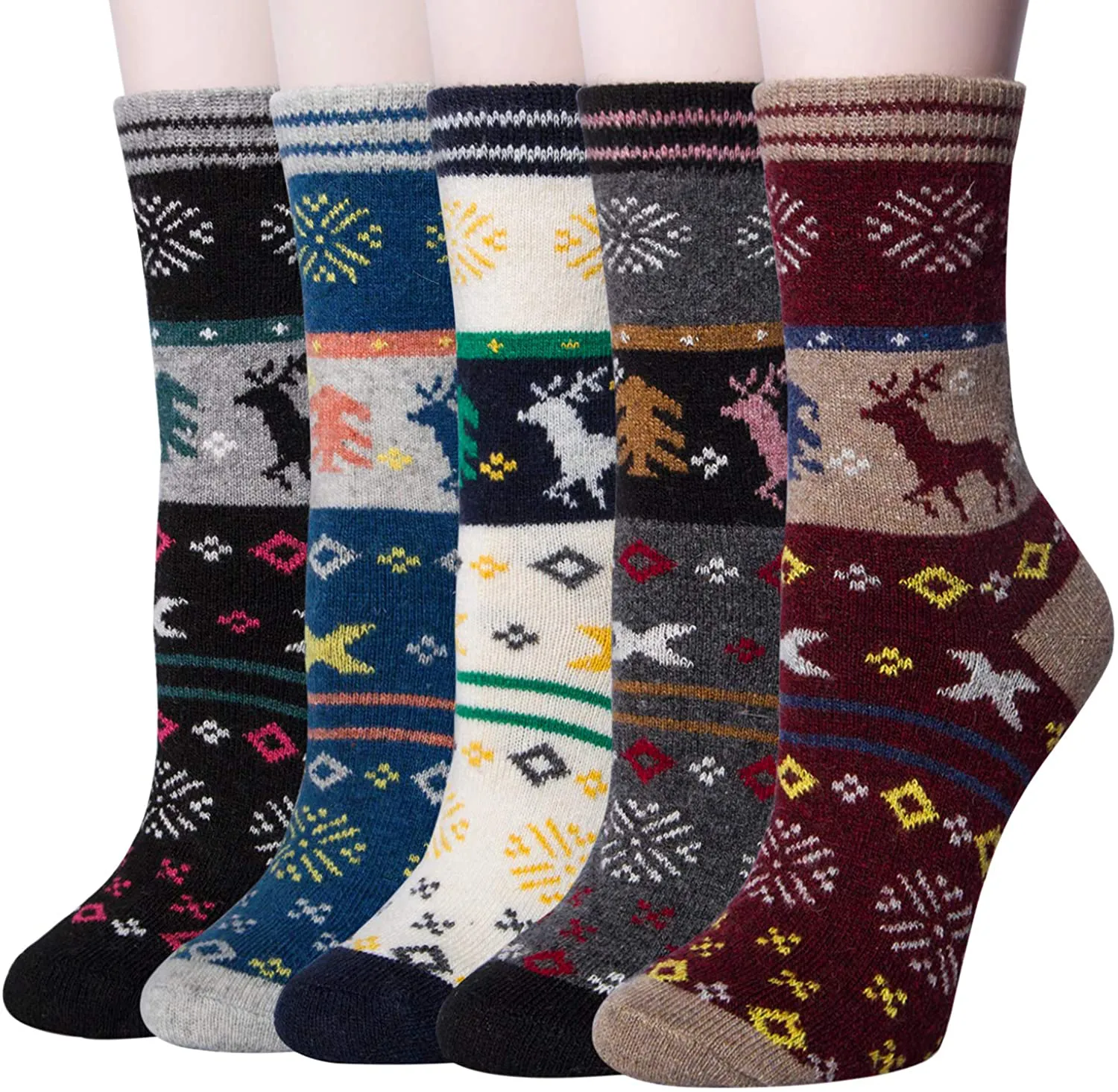 Pack of 5 Womens Winter Socks Warm Thick Knit Wool Soft Vintage Casual Crew Socks Gifts