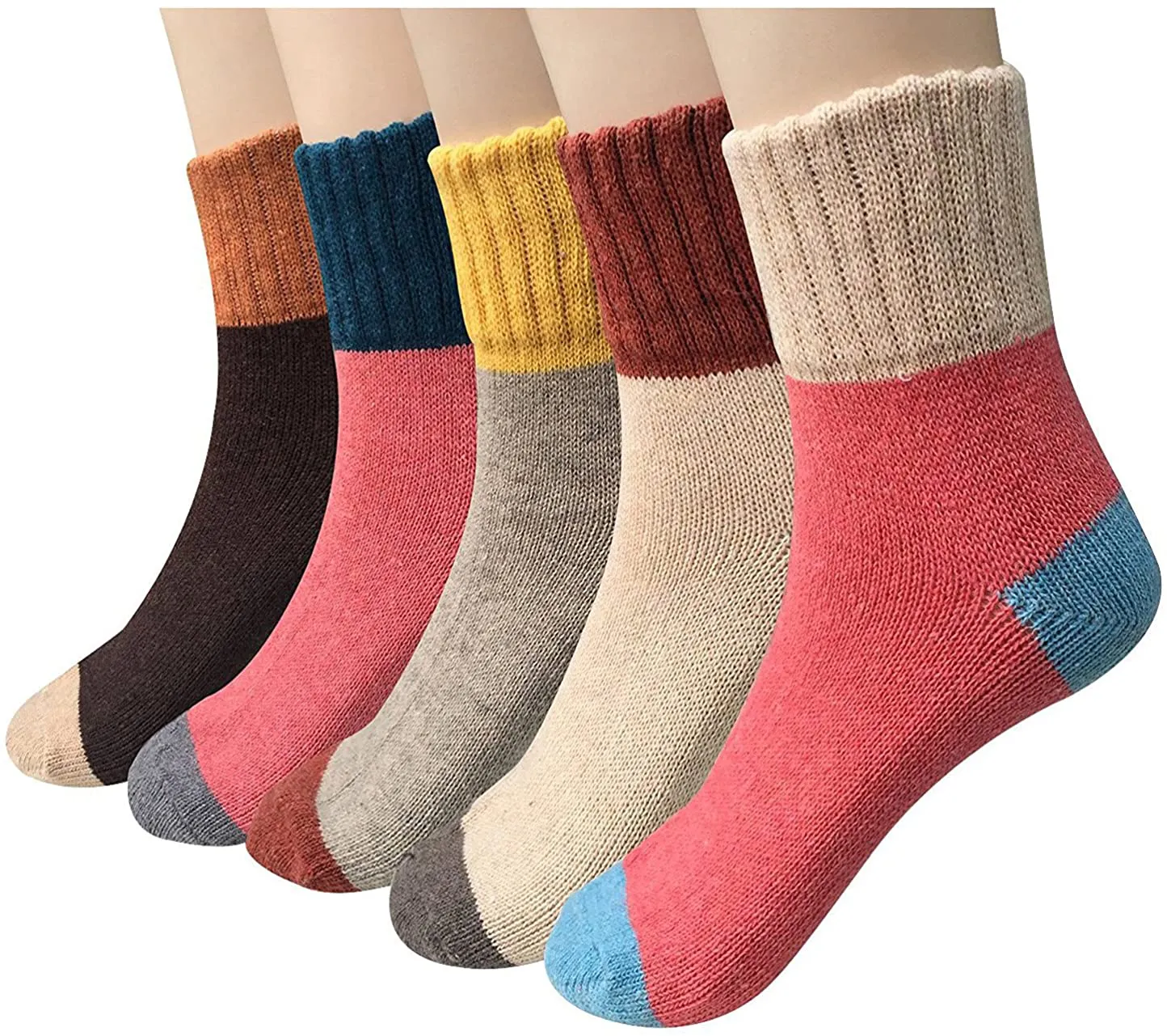 Pack of 5 Womens Winter Socks Warm Thick Knit Wool Soft Vintage Casual Crew Socks Gifts