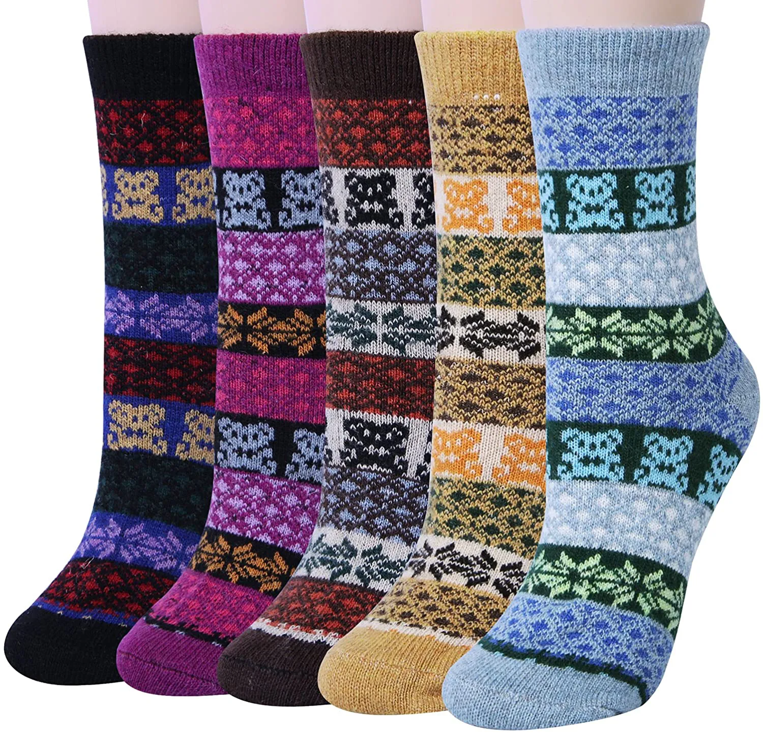 Pack of 5 Womens Winter Socks Warm Thick Knit Wool Soft Vintage Casual Crew Socks Gifts