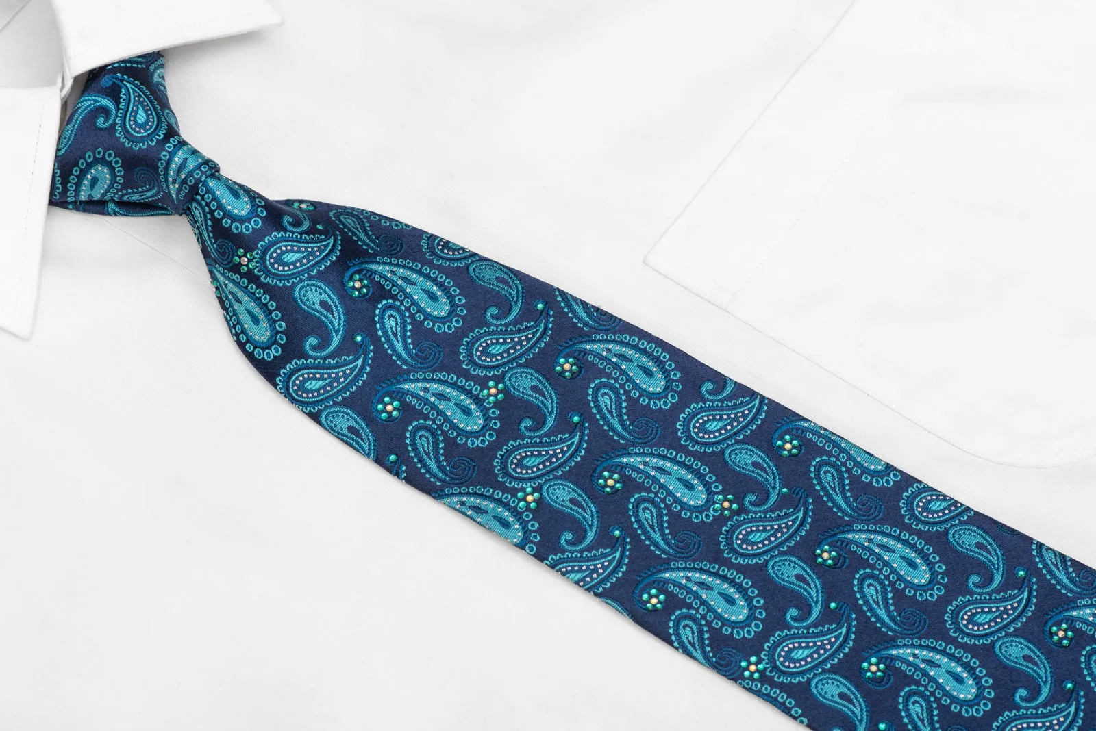 Paisley Blue Rhinestone Silk Necktie with Silver Sparkles.