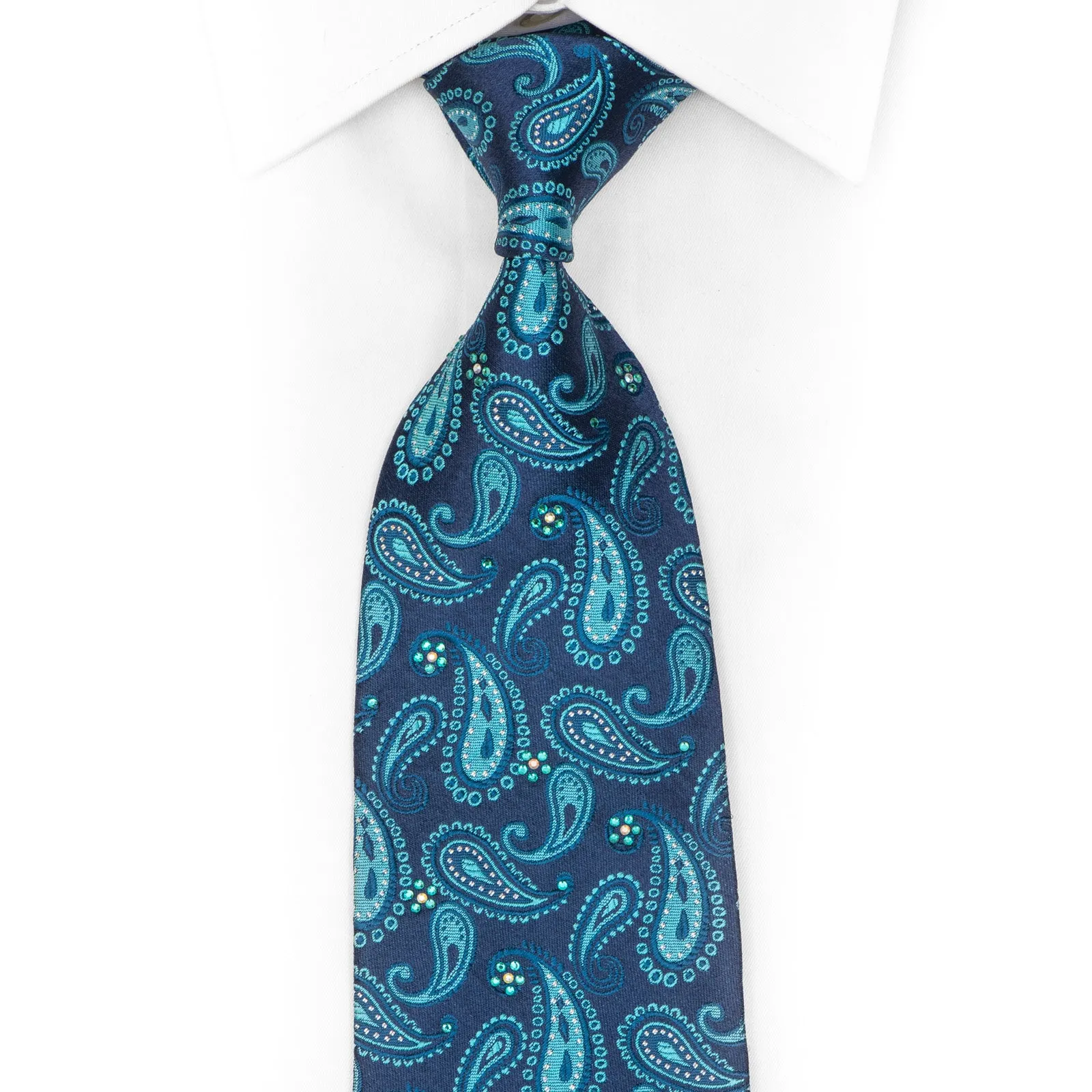 Paisley Blue Rhinestone Silk Necktie with Silver Sparkles.