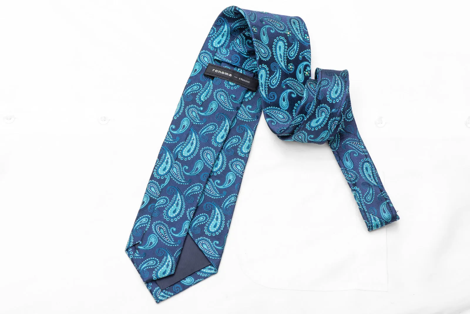 Paisley Blue Rhinestone Silk Necktie with Silver Sparkles.