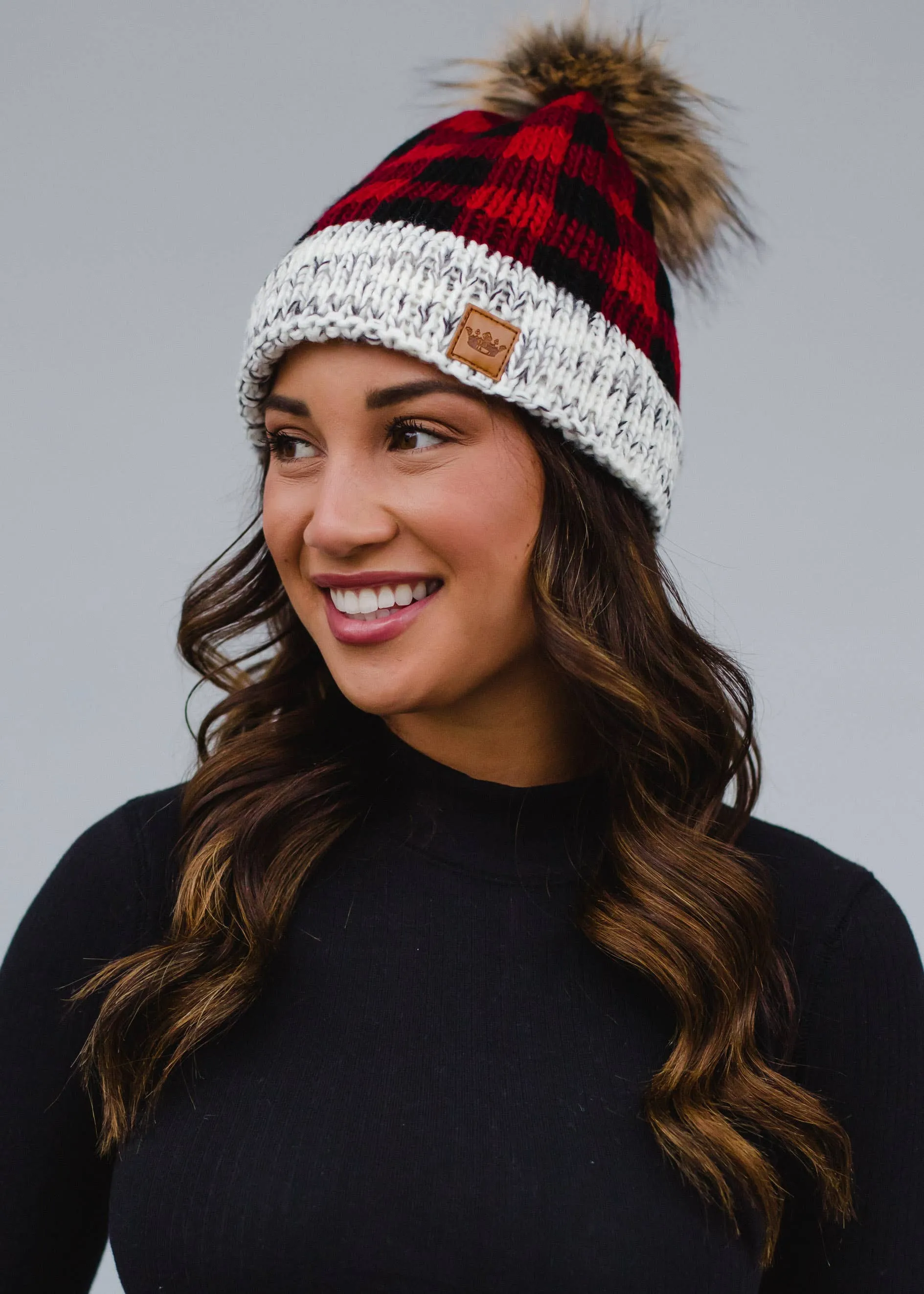 Red Buffalo Plaid Pom Hat w/ Gray Trim