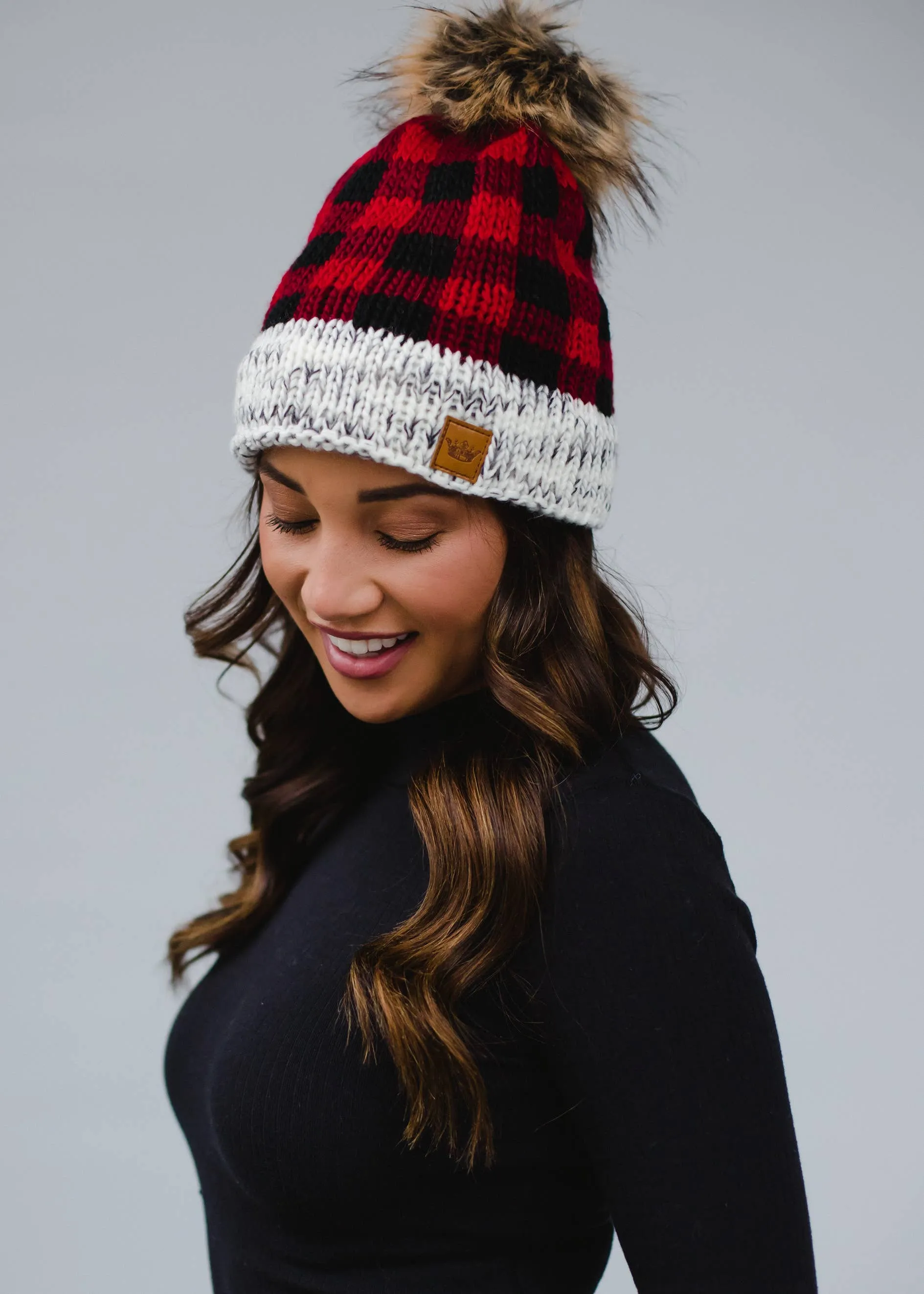 Red Buffalo Plaid Pom Hat w/ Gray Trim