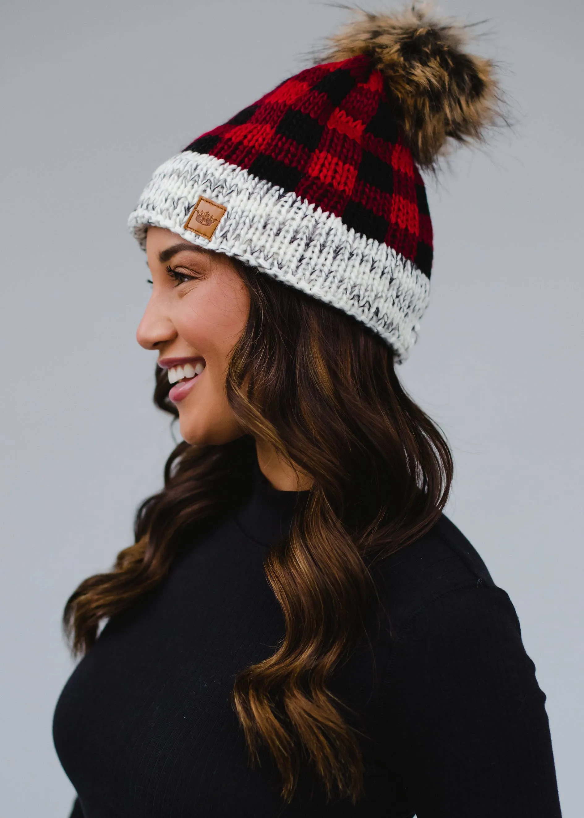 Red Buffalo Plaid Pom Hat w/ Gray Trim