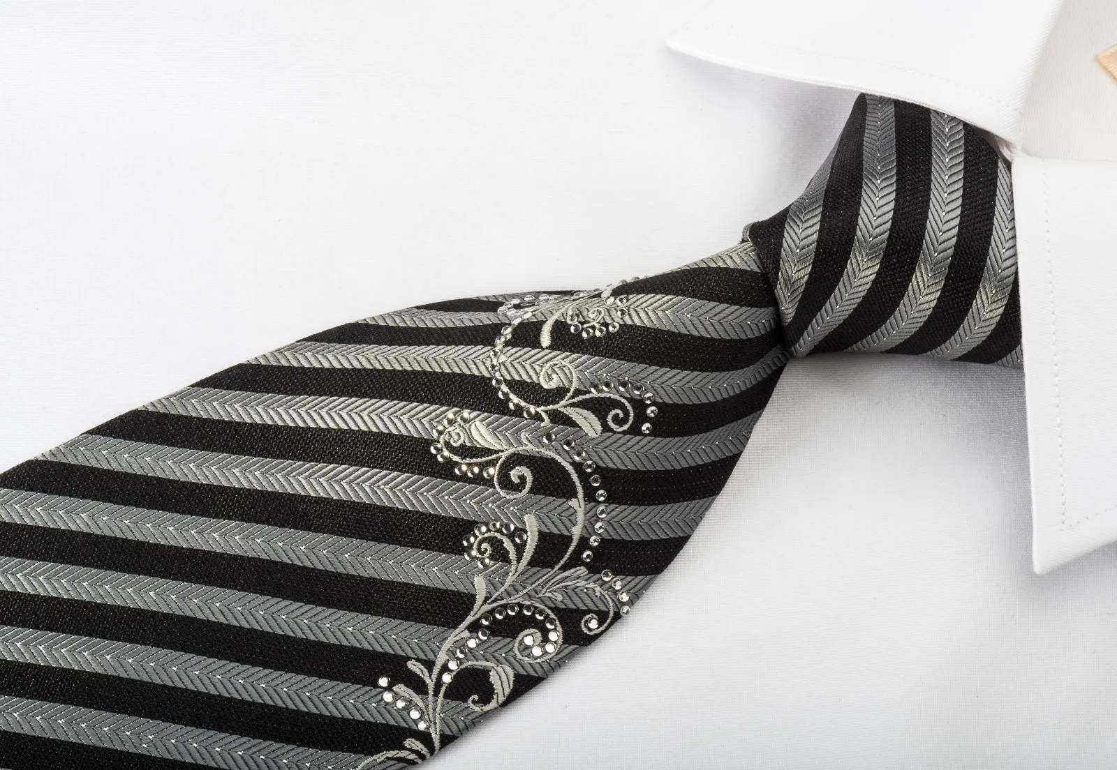 Silver Black Striped Rhinestone Silk Necktie With Silver Sparkles