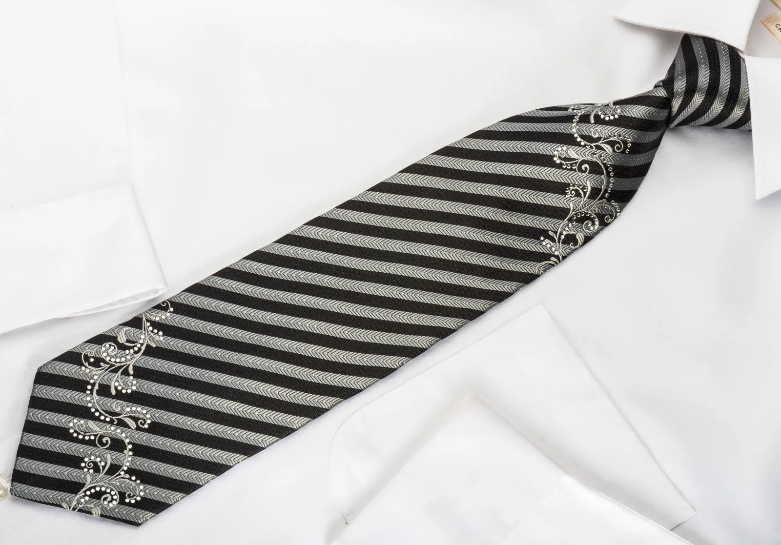 Silver Black Striped Rhinestone Silk Necktie With Silver Sparkles