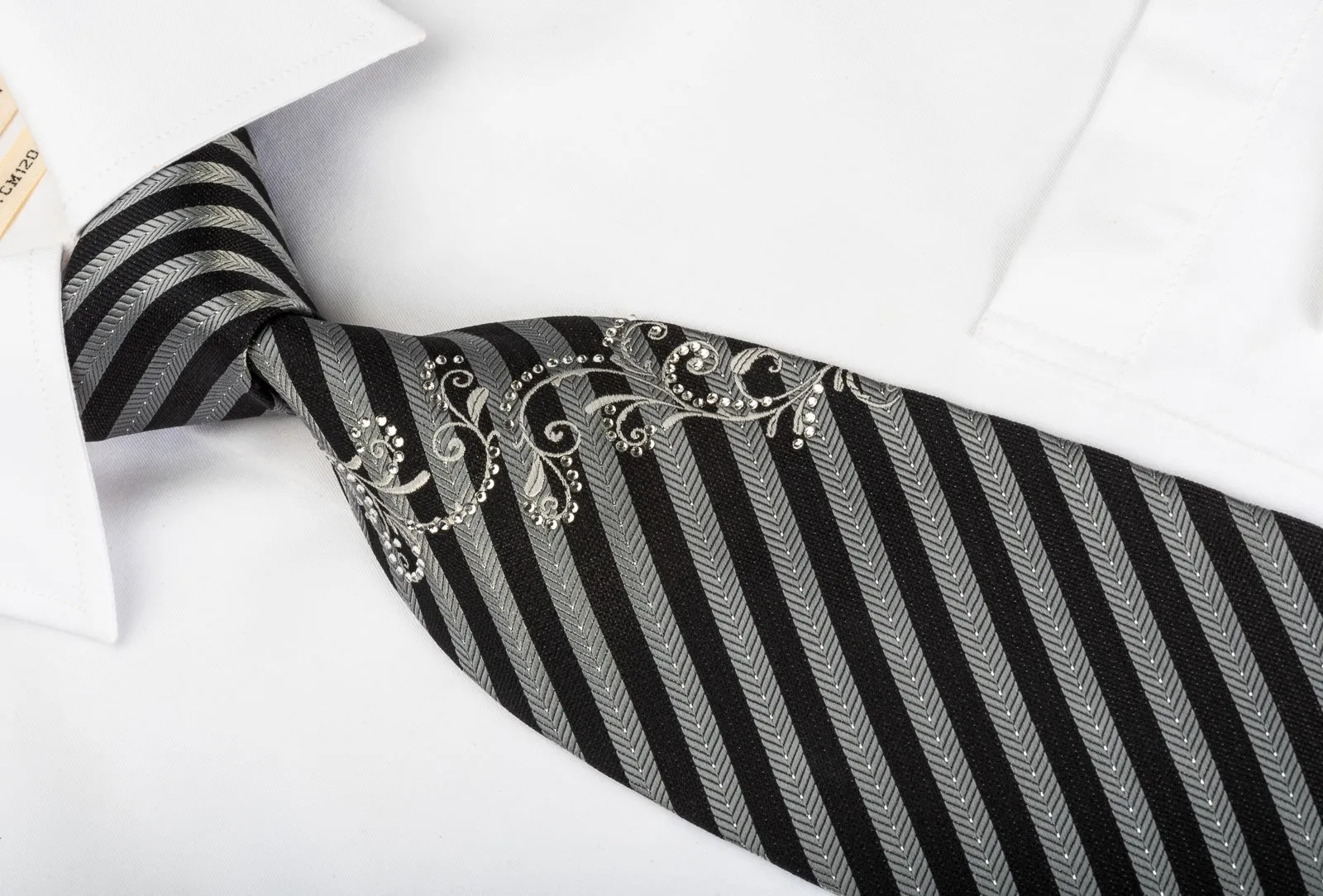 Silver Black Striped Rhinestone Silk Necktie With Silver Sparkles