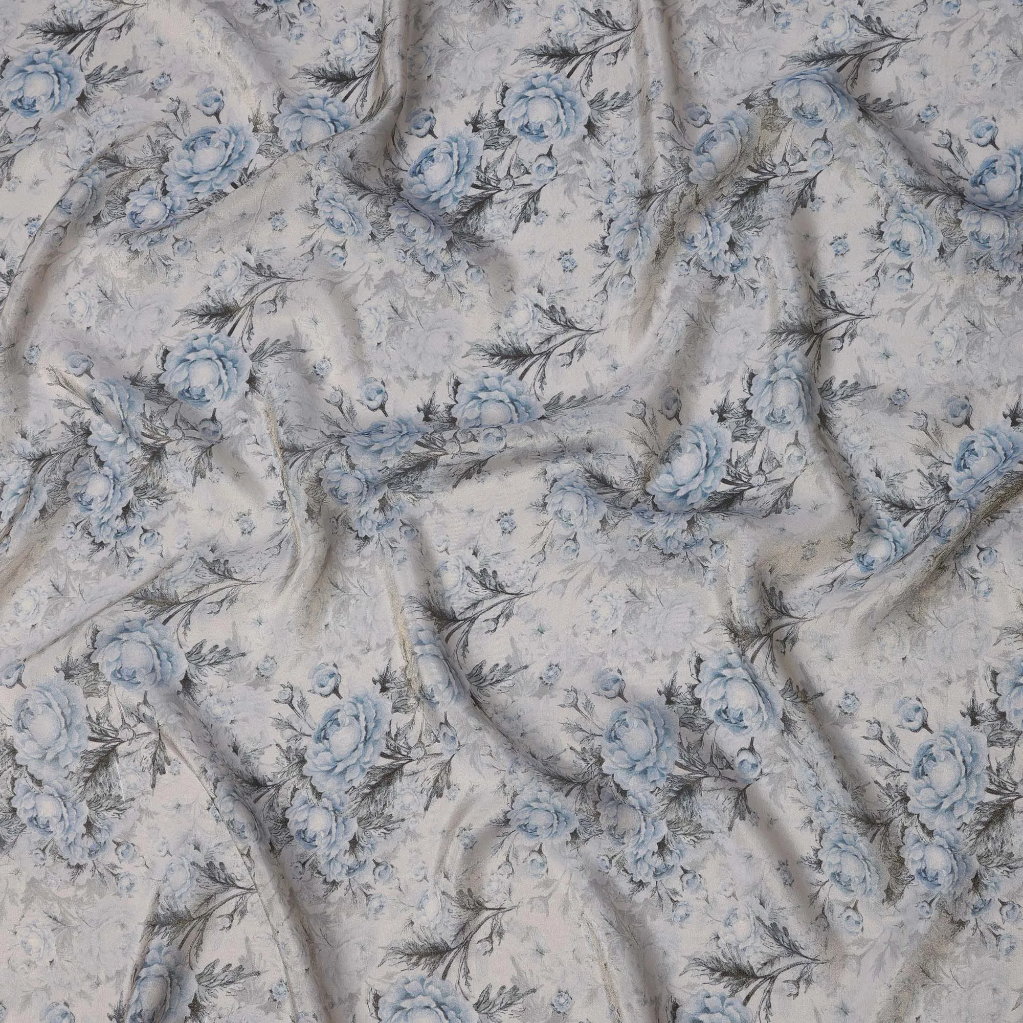 Silver Grey Viscose Digital Printed Fabric with Metallic Finish and Blue Floral Design, 110 cm Width-D21328