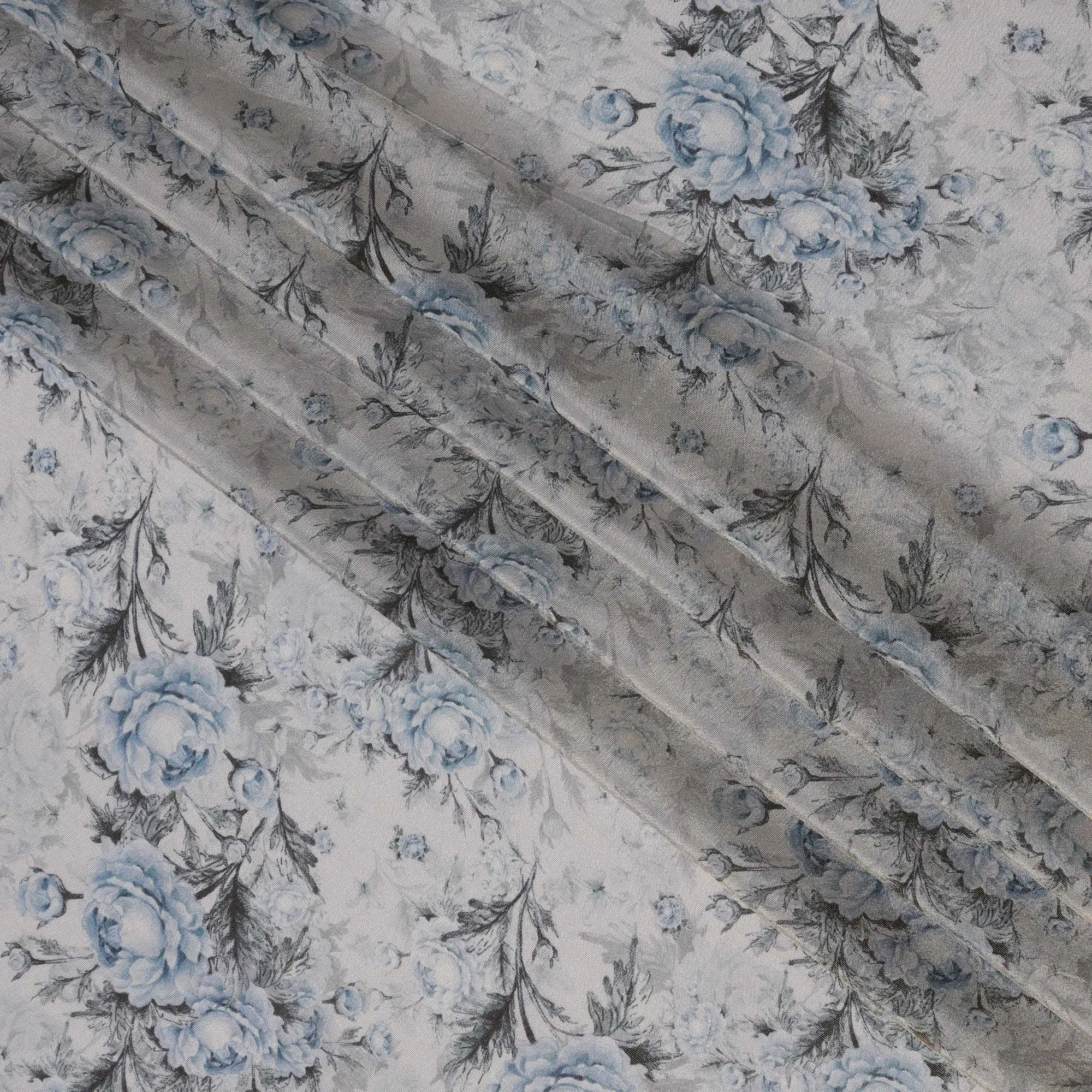 Silver Grey Viscose Digital Printed Fabric with Metallic Finish and Blue Floral Design, 110 cm Width-D21328