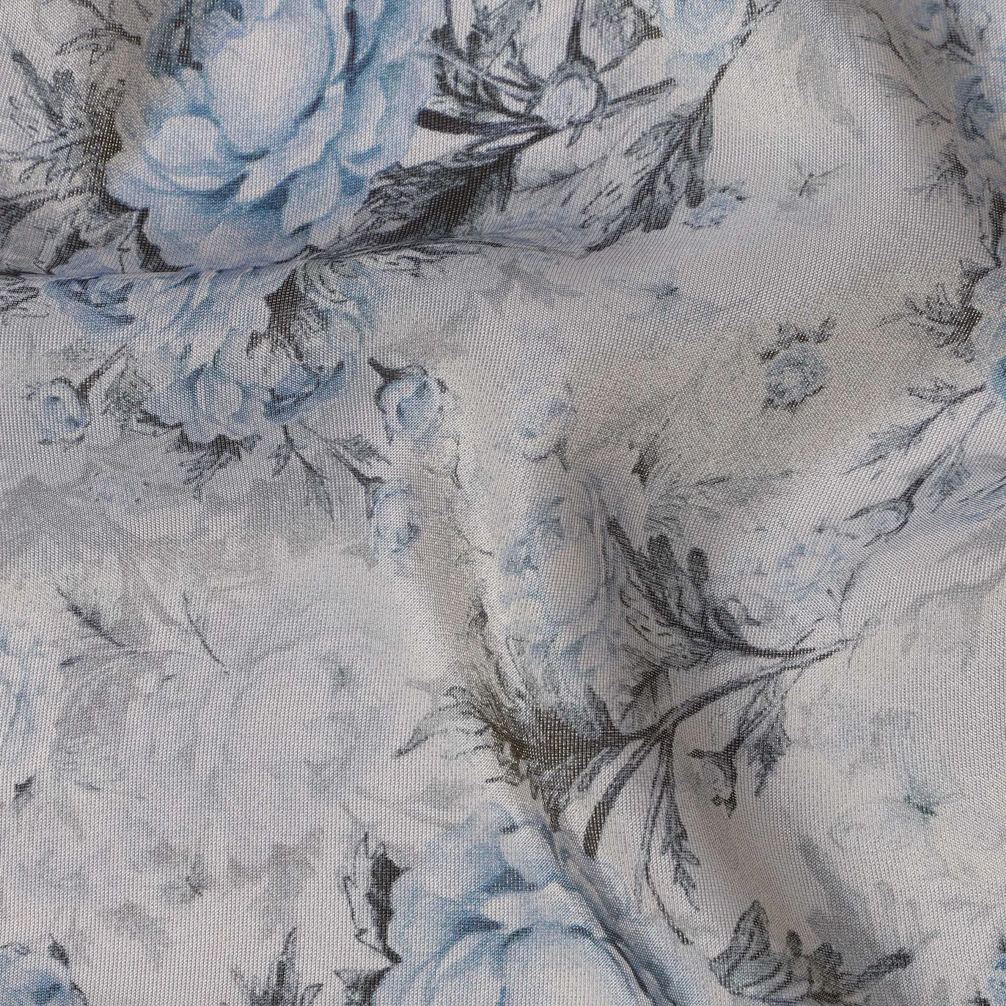 Silver Grey Viscose Digital Printed Fabric with Metallic Finish and Blue Floral Design, 110 cm Width-D21328